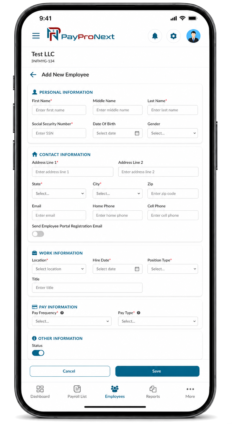 PayProNext Employee Portal Screen